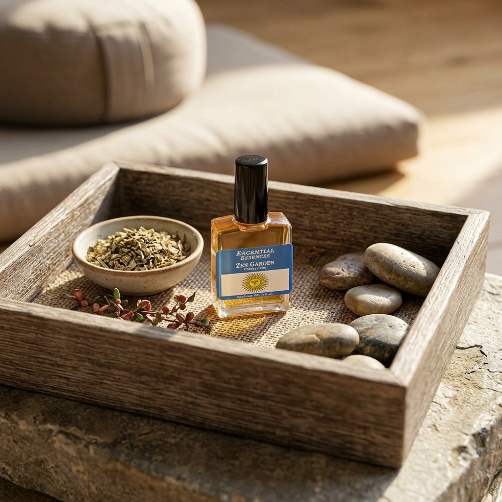 Realistic scene of Zen Garden essential oil inside wooden tray with herbs, cherrywood sprigs, and stones, in a calm wellness display.