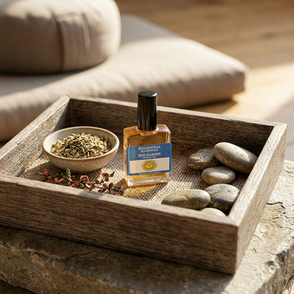 Realistic scene of Zen Garden essential oil inside wooden tray with herbs, cherrywood sprigs, and stones, in a calm wellness display.