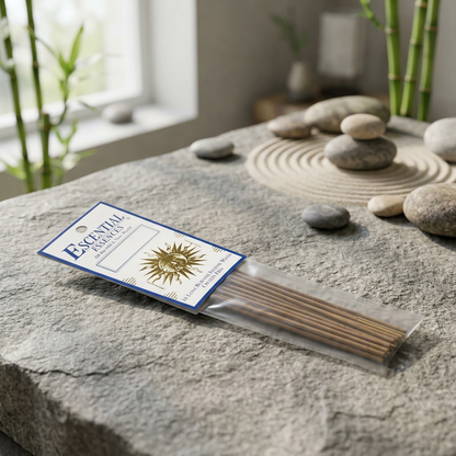 Wide-angle scene of Zen Garden Incense Sticks in an elegant ceramic holder on a natural stone countertop with Zen-inspired interior background.