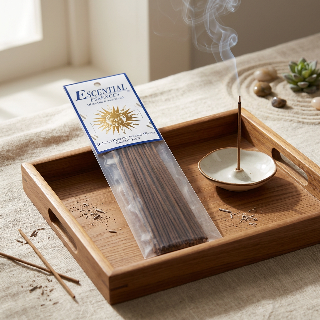 Photorealistic scene of incense sticks in a wooden tray with ashes and lit stick emitting fragrant smoke against textured fabric background.